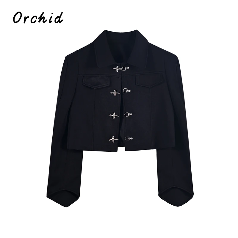 Korean High-end Solid Color Vintage Cropped Jacket Women Lapel Single Breasted Long Sleeves Blazer Crop Coat Autumn Winter 2023