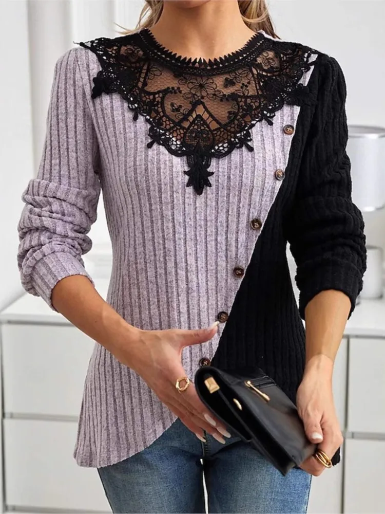 Elegant Lace Patchwork T Shirt Top For Women Fashion O Neck Long Sleeve Pullover Knit Tshirts Tops Lady Spring Casual Office Tee