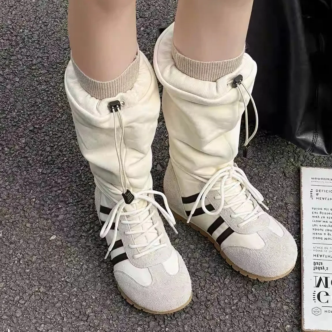

Genuine Leather Boots Women's High-Tube Knot Design Inner Fleece Thickened Low Heel All-Season round Toe Rubber Outsole