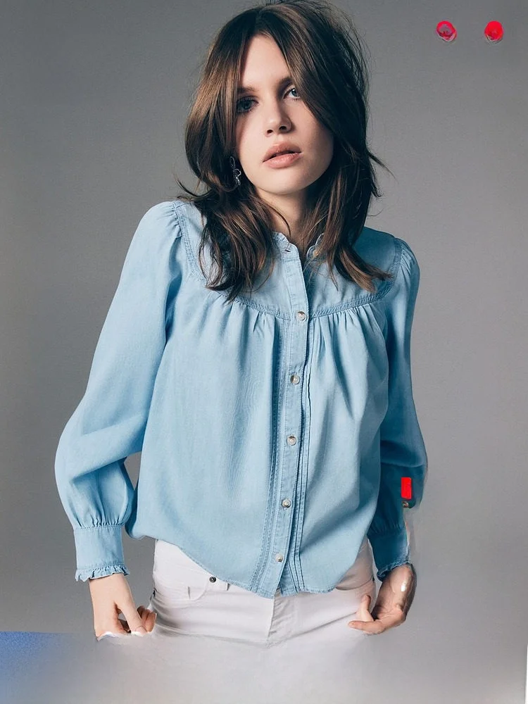 

Новая женская джинсовая рубашка с рюшами по низу, повседневная, на пуговицах, из смесового хлопка и лиоцелла, с длинным рукавом, с цветочным воротником, 3347