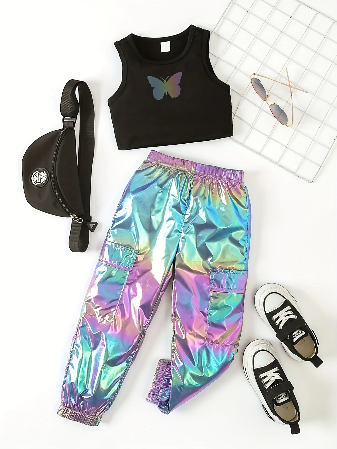 Girls' set with luminous butterfly print short vest paired with colorful pants fashionable and trendy suitable for outdoor play