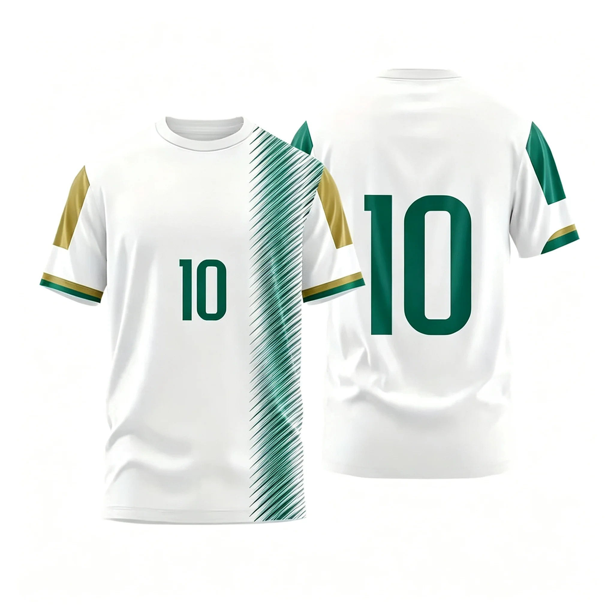 Tide 10 Football Short Sleeve Jersey, Green-White Gradient Textured Side, Gold Sleeve Details, Fan Game Viewing Top