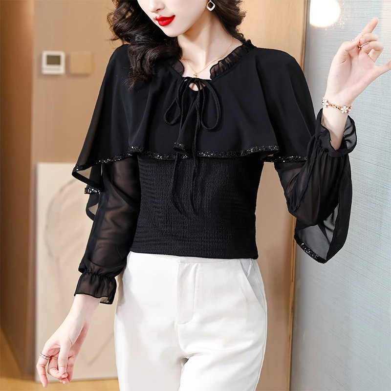 Vintage Damen Blusen Casual Rüschen Shirts Mode Lose Frühling/Sommer Chiffon Kleidung Lange ärmeln Koreanische Frauen Tops