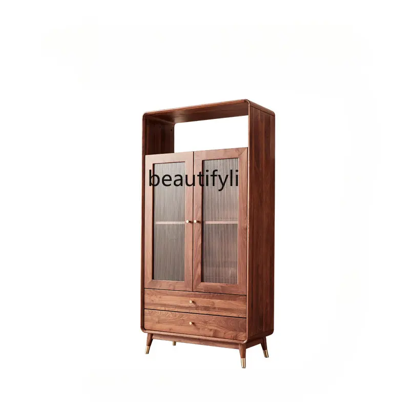 

North America Black Walnut Solid Wood Combined Bookcase Japanese Modern Minimalist Glass Door Shelf Locker Wine Cabinet