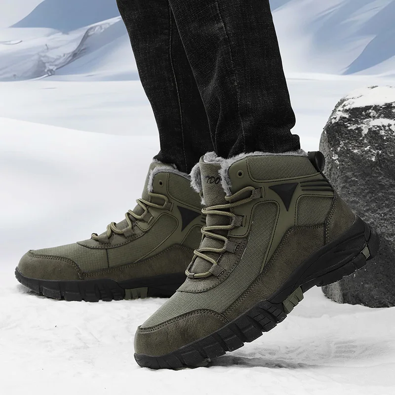 Botas de nieve cálidas para hombre, zapatos de felpa, zapatillas de senderismo de cuero impermeables, informales, a la moda, invierno, 2023