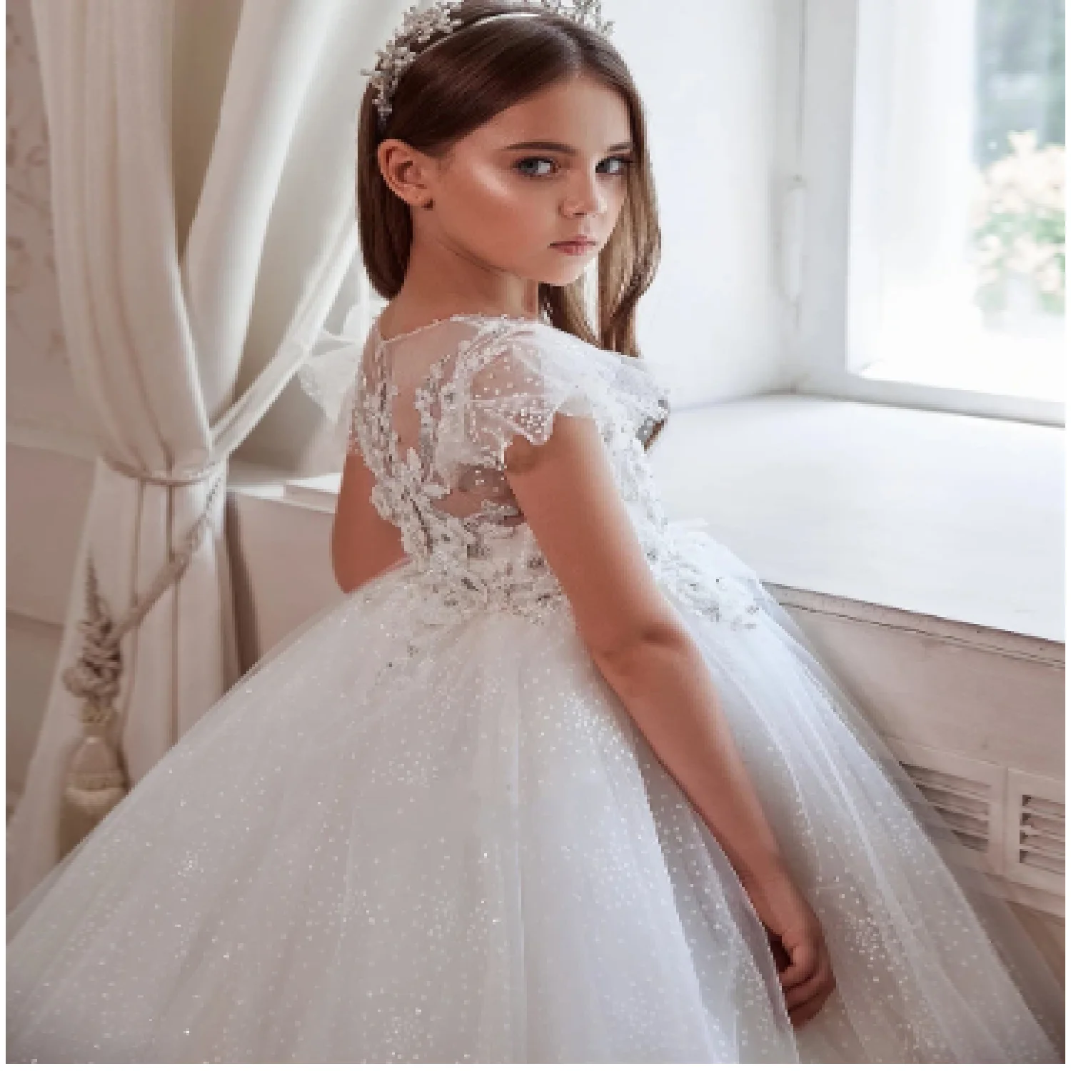 

New Flower Girl Dress Glitter Tulle Appliqué Summer Kids Short Sleeve Birthday Wedding Party First Communion Dress