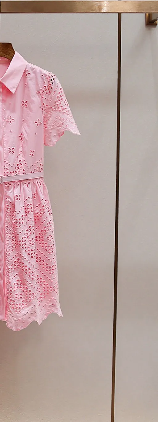 

Summer Solid Spliced Slimming Dress for Women Lapel Short Sleeve High Waist Hollow Out Mini Robe