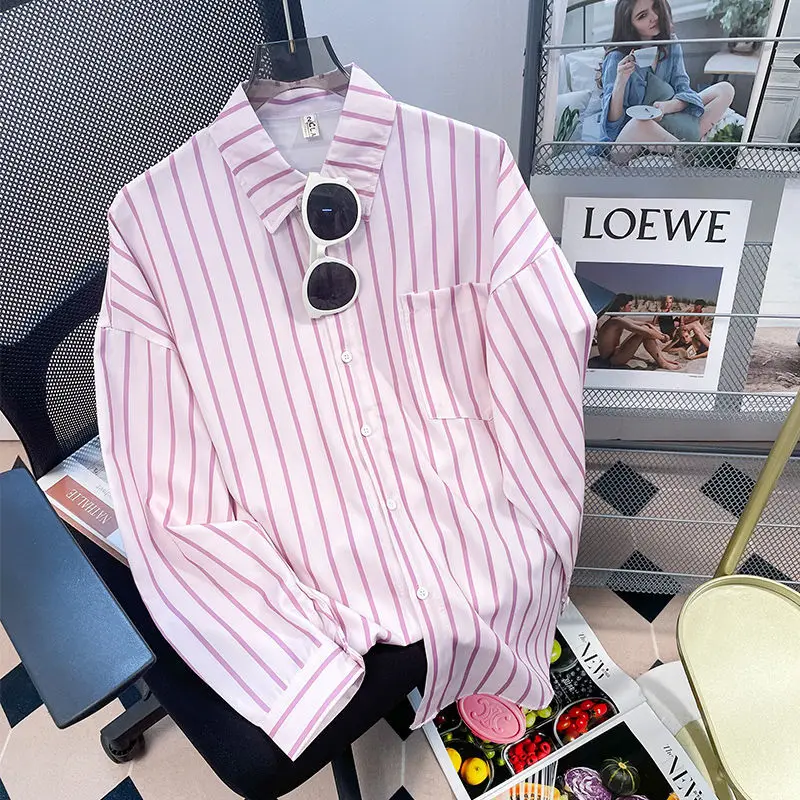 Women Clothing Temperament Striped All-match Blouse Spring New Polo Neck Long Sleeve Loose Vintage Shirt Tops Fashion Casual