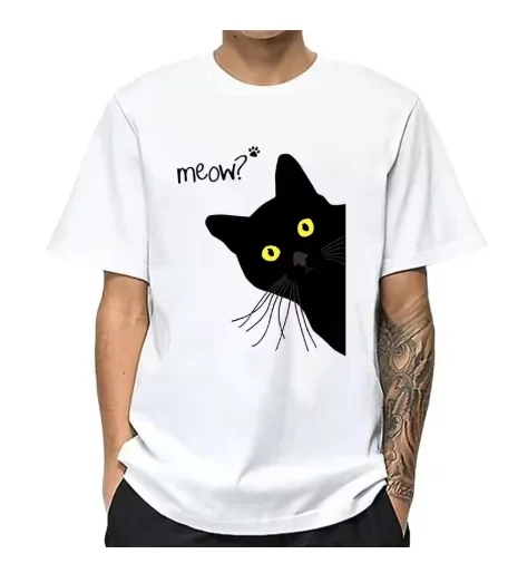 Men's T-shirt Cotton Summer Meow Black Cat Print Men T Shirt Casual Loose O-neck Men Tshirt Short Sleeve T-shirt Male Tees Soft.
