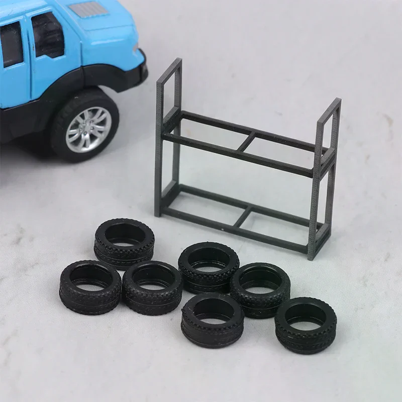 Soporte de exhibición de estante de neumáticos a escala 1:64 y 7 Uds. De neumáticos, accesorio de escena de garaje de coche modelo, juego de herramientas de taller de reparación, accesorio en miniatura