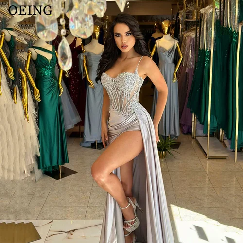 OEING-vestido De fiesta De sirena plateado, elegante vestido De noche con tirantes finos y abertura larga, vestido Formal personalizado