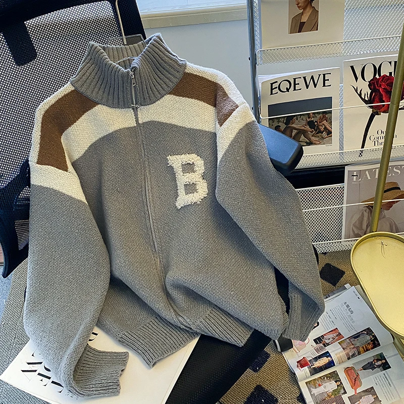 

Мужской утепленный свитер-кардиган с высоким воротником и двойной молнией, весенняя новинка в гонконгском стиле, свободный крой, для пар, вязаный кардиган