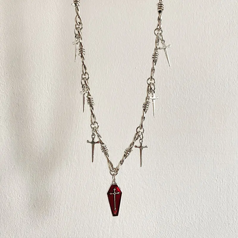 Gothic Vampire Cross Red Coffin Pendant Necklaces for Women Y2k Cool Girl Vintage Silver Color Sword Thorn Chain Party Jewelry