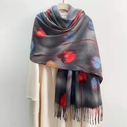 Red Tulip and Blue Leaves Printing Long Soft Scarves for Evening Dress Wedding Winter Warm Cashmere Feeling Retro Elegant Wraps