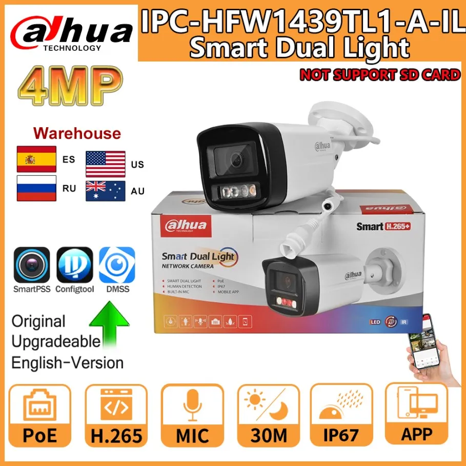 Dahua IP Camera 4MP IPC-HFW1439TL1-A-IL Smart Dual Light Bullet Network Camera POE Built-in Mic Human Detect Video Surveillance