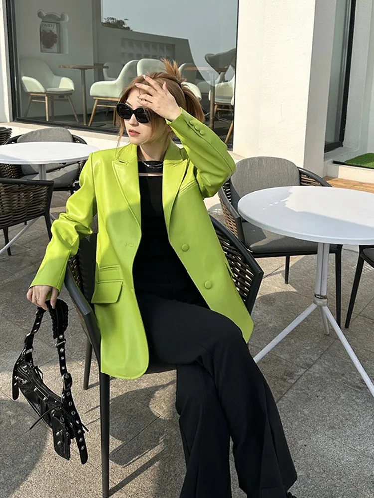 New Casual Fluorescent green Pu Leather Jacket Women Loose Leather Blazer Coats Spring 2023