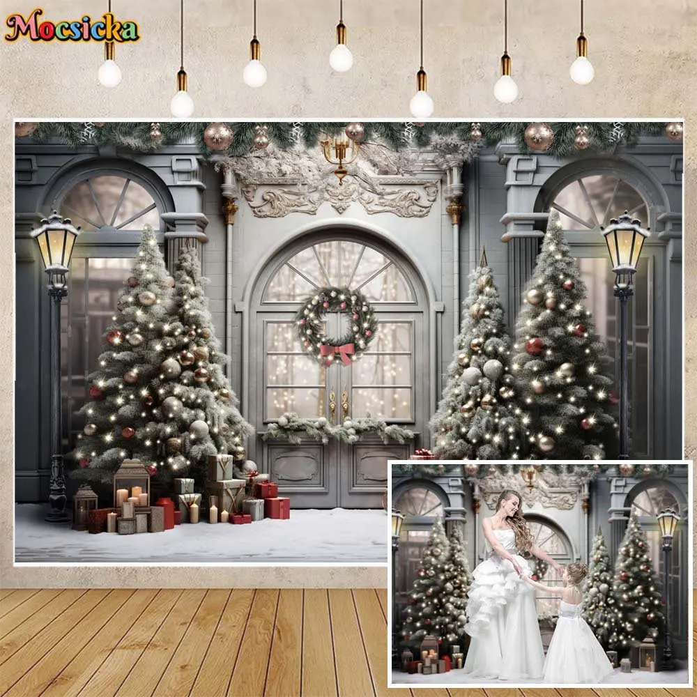 

Mocsicka Christmas Winter Backdrop for Photography Snow Xmas Tree Vintage Door Window Portrait Photo Background Photoshoot Props