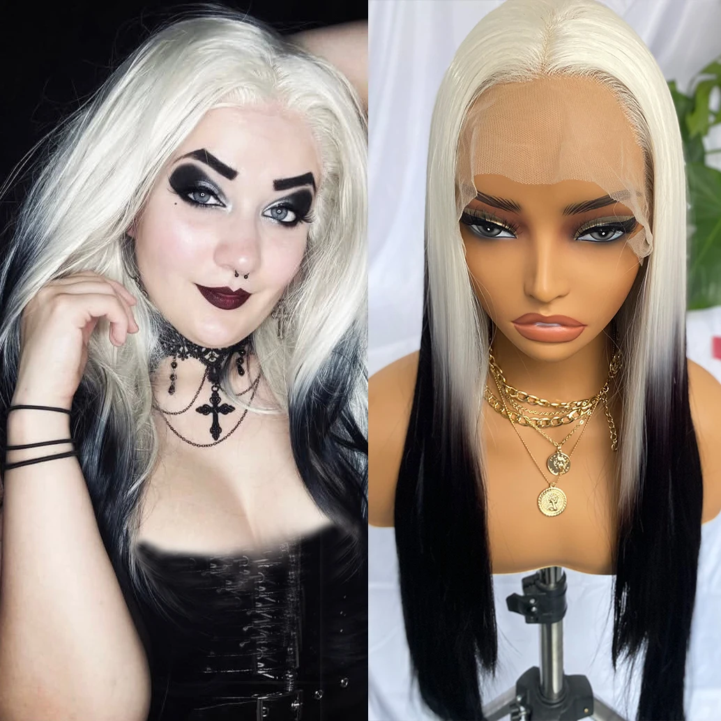 

Platinum to Black Lace Front Wig 13x4 Long Silky Straight Blonde Ombre Colored Synthetic Hair Natural Daily Wear Cosplay Wigs