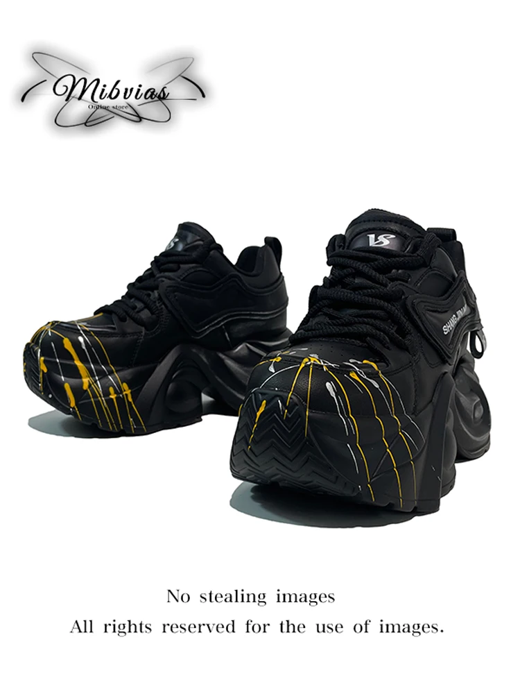 

Mibvias Y2K Trendy Design Graffiti Worn-In Platform Thick Heel Shoes Spike Heels Fashionable Flat Mouth Single Shoes for Women