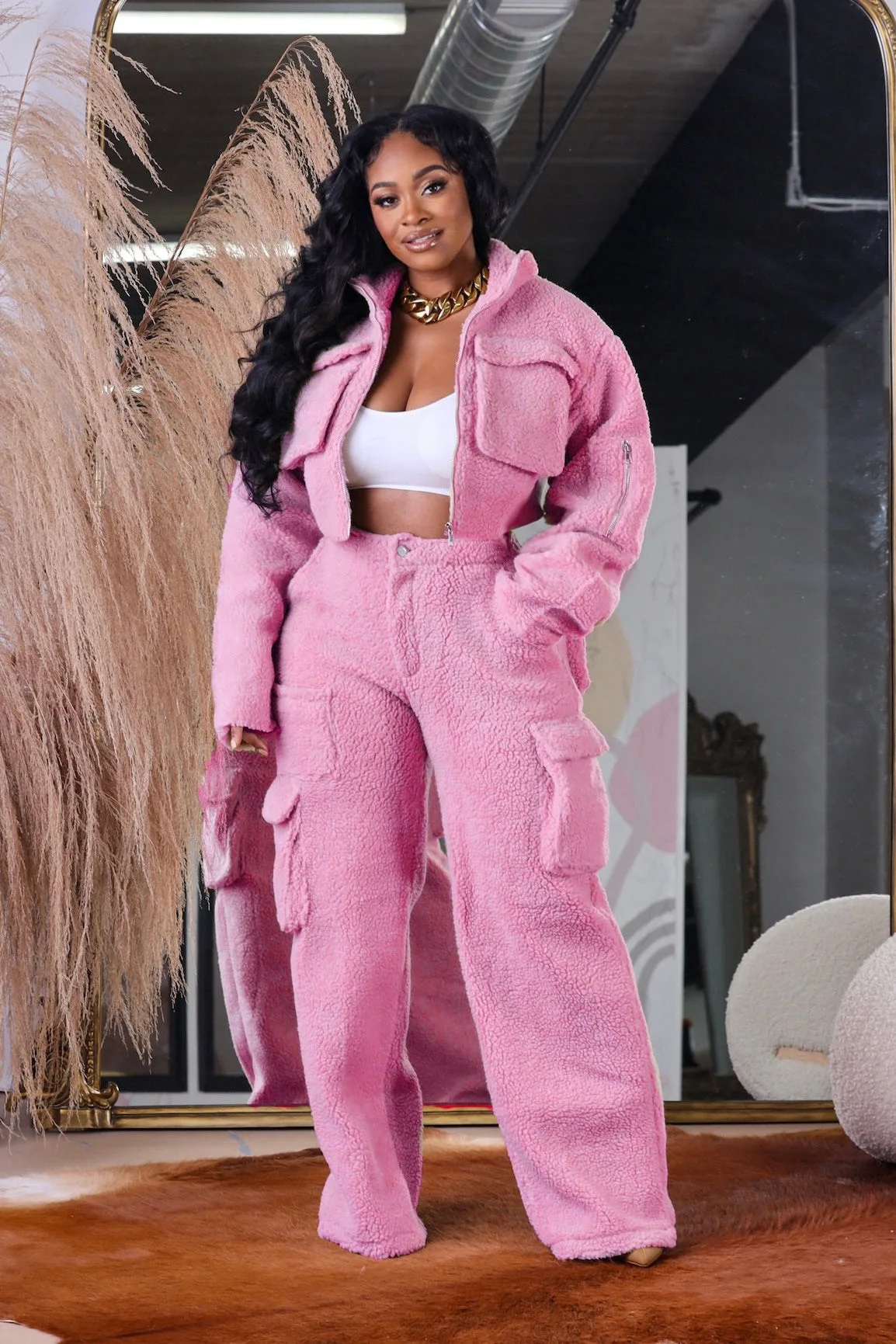 Women's Winter Fuzzy Fleece Long Sleeve Jacket+Cargo Wide Leg Pants with Pocket 2024 Safari Sweatsuits Two 2 Piece Sets Outfits