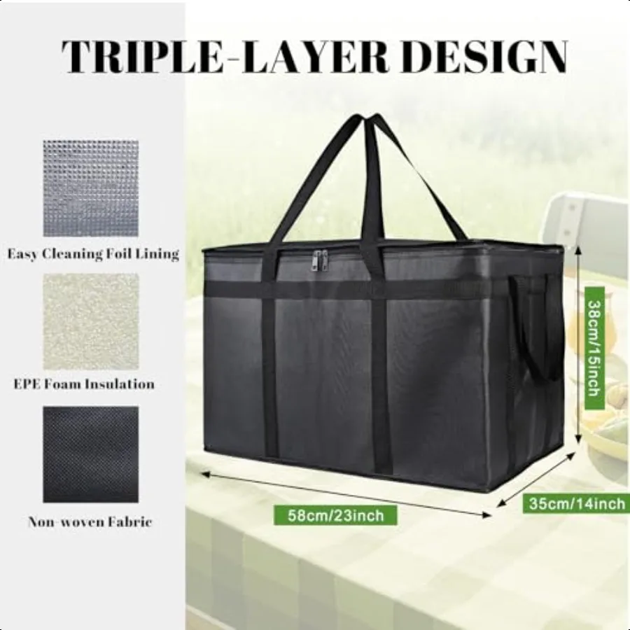 2er-Pack isolierter Lebensmittellieferbeutel XXXLarge Meal Grocery Tote Isolierbeutel für heiße und kalte Lebensmittel Kommerzielle große Kapazität Reu