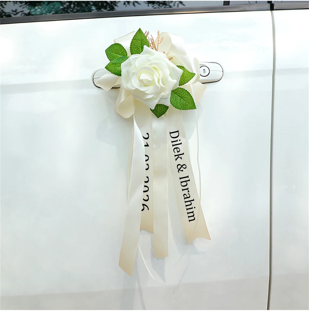 Custom European Style Wedding Car Bow Rearview Mirror Wedding Decoration Door Handle Strap Simulated Rose Custom Bow And Ribbon image 5