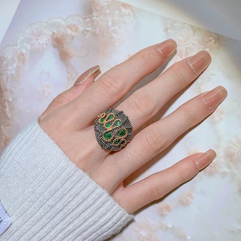 Fashion Simulation Color Treasure 925 Silver Vintage Black Gold Sparkly Diamond Lady Ring Party Birthday Bride Gift