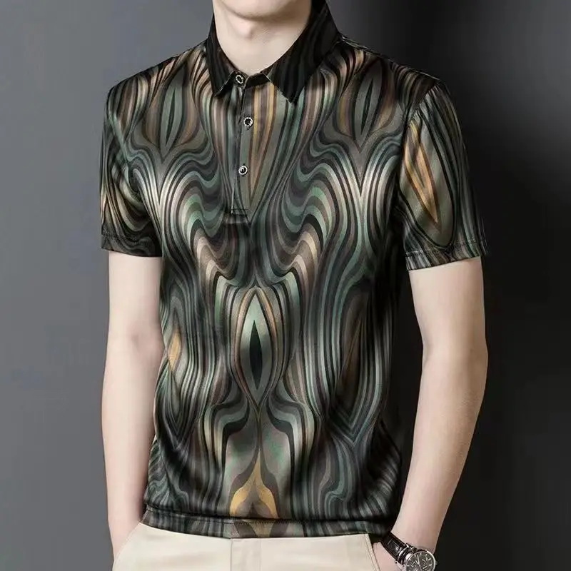 Vintage Men Short Sleeve Polo Shirts Lapel Print Striped Slim Business Casual Summer New Fashion Male Clothing Smooth Tops 2023