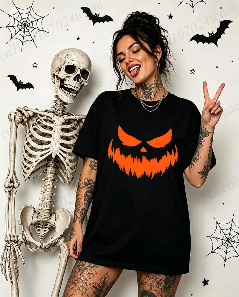 Halloween T-Shirt for Women Minimalist Scary Pumpkin Face Graphic Tee Casual Short Sleeve Tops Unisex Halloween Party Outfit