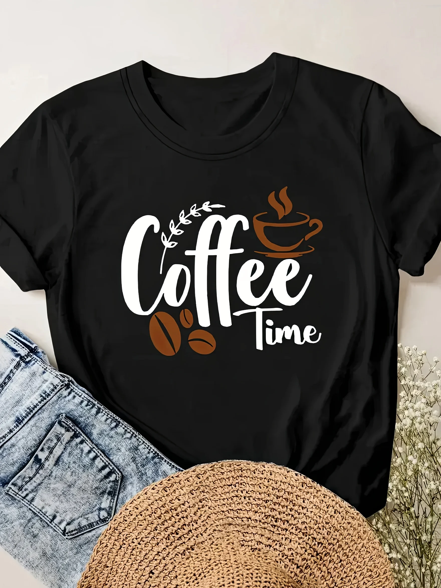 Women's Casual Short-sleeve T-Shirt Round Neck with Coffee Time Text Coffee Cup Beans Print Harajuku Aesthetic Clothes