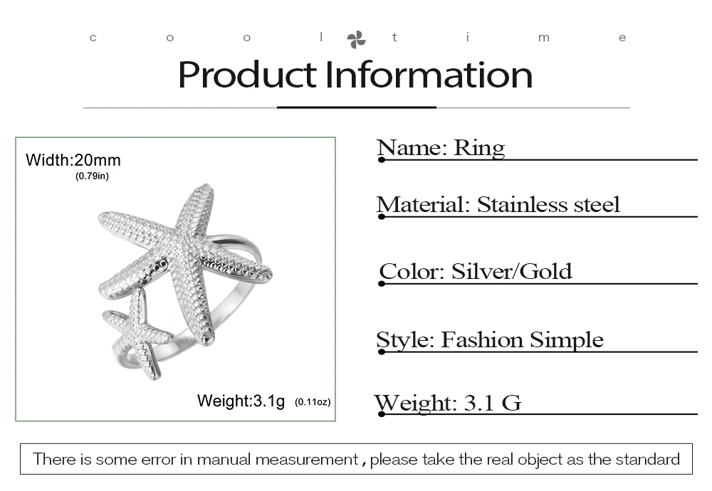 COOLTIME Seestern Muschel Ring für Frauen Edelstahl Gold Farbe Trendy Ozean Offenen Ring Finger Schmuck Geschenk Neue – Detail 4