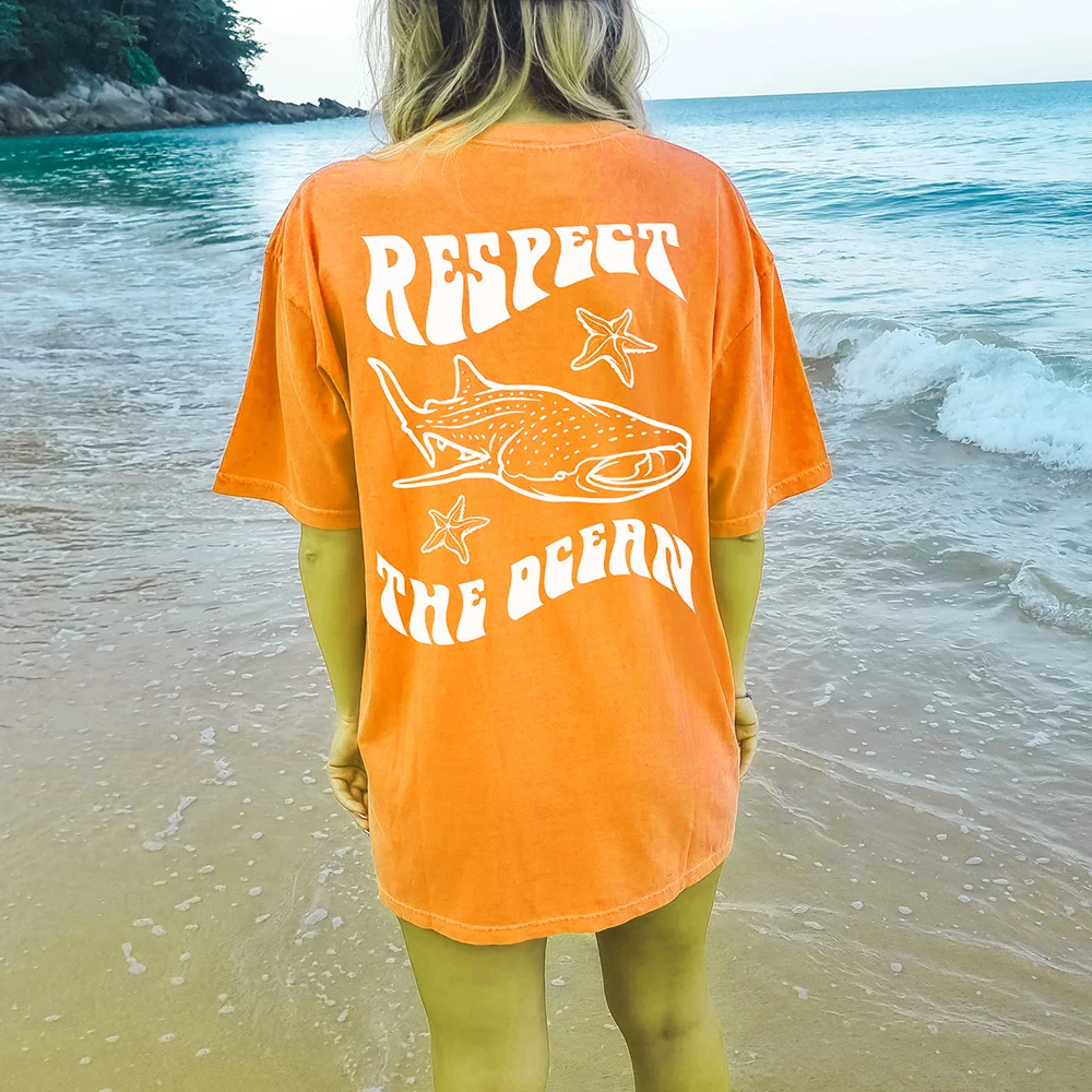 Respect The Ocean Starfish Dolphin Print T-Shirts Female Casual Soft Tops Fashion Cool Tee Clothing Street Summer Short Sleeves