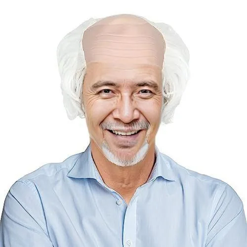 Synthetic White Bald Cap with Side Hair Grandpa Old Man Wig Halloween Cosplay Party Costume Accessory Realistic Fiber Wig