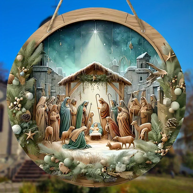 Nativity Scene Wooden Sign Guard Jesus Christmas Wreath Round Sign for Church Door Wall Hanging Decor Ideal Gift for Christian