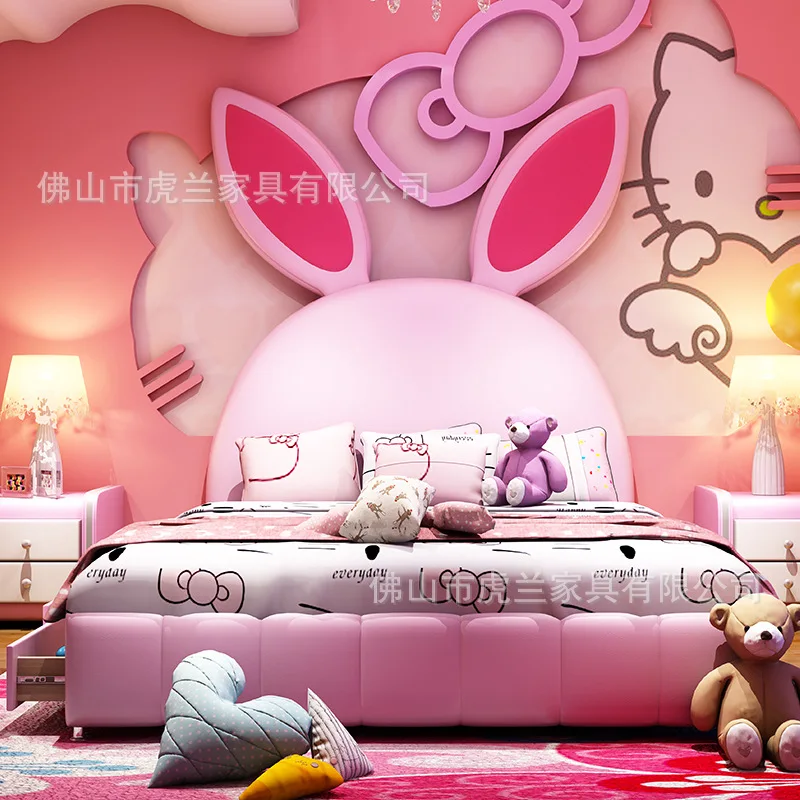 Children's furniture rabbit ear bed with drawer pink girl cartoon bed soft leather bed