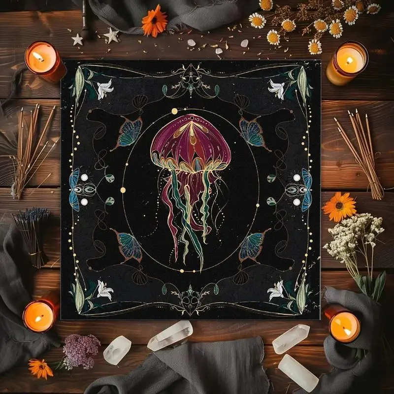 VIKAMA Jellyfish Tarot Card Tablecloth Mysterious Divination Altar Cloth Ceremony Table Mat Crystal Spiritual Background Cloth