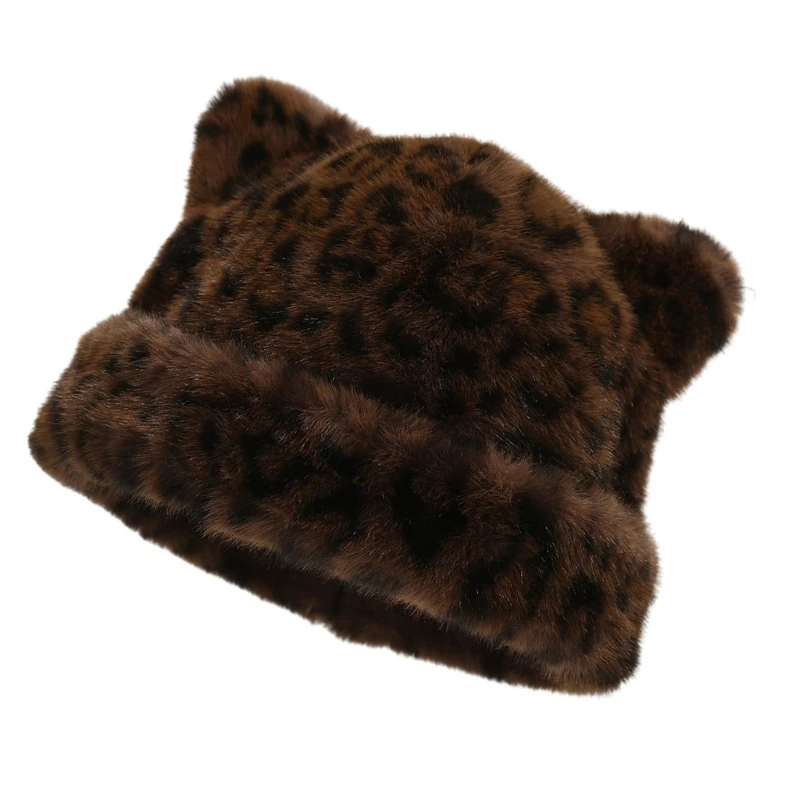 Warm Ushanka Bear Hat with Ear Furry Caps Cartoon Ear Hat Leopard Print Winter Plush Hat for Casual Wear