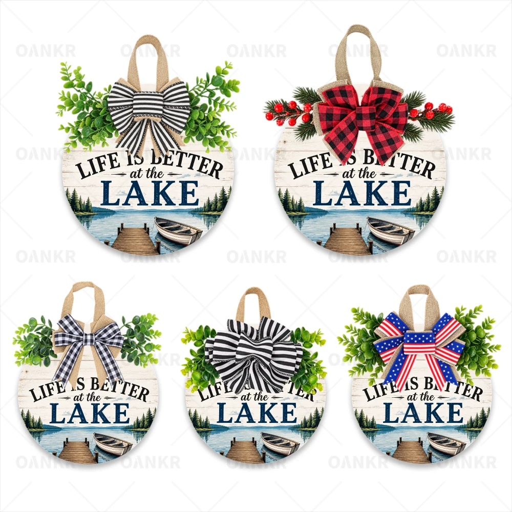 2D Flat, 1 Pack Life Is Better at the Lake Wooden Door Wreath, Round Lake House Hanging Sign, Available in 5 Bow & Greenery Styles, Rustic Farmhouse Front Door Porch Wall Decor, Ideal Gift for Lake Lovers, Decorative Signs & Plaques, 12x12 Inch