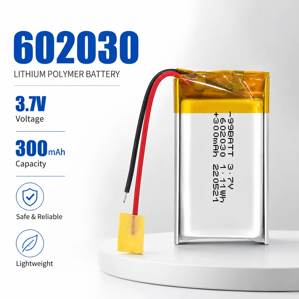 602030 3,7 V 300 mAh Lithium-Polymer-Akku mit 2 Kabeln für TWS-Ladebox, Mini-Ventilator, GPS, LED-Licht, Ersatz