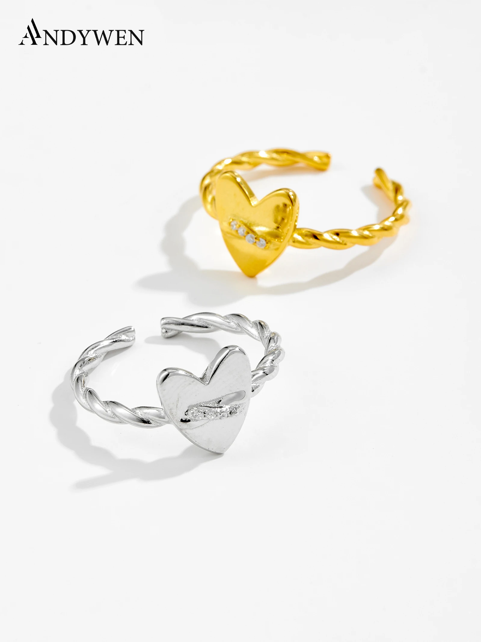 

ANDYWEN 925 Silver Twisted Heart Ring, Adjustable Open Band with 5A Zirconia, Romantic Jewelry for Women, Unique Everyday Gift