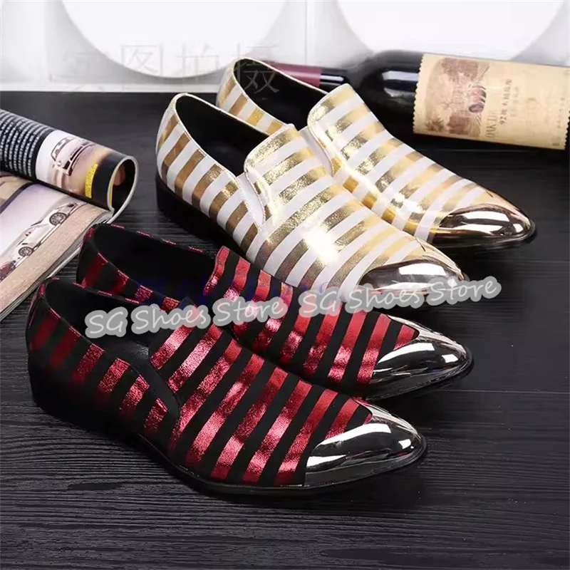 

British Style Mixed Color Striped Genuine Leather Dress Shoes for Men Metal Round Toe Chunky Heel Loafers Male Casual Shoes