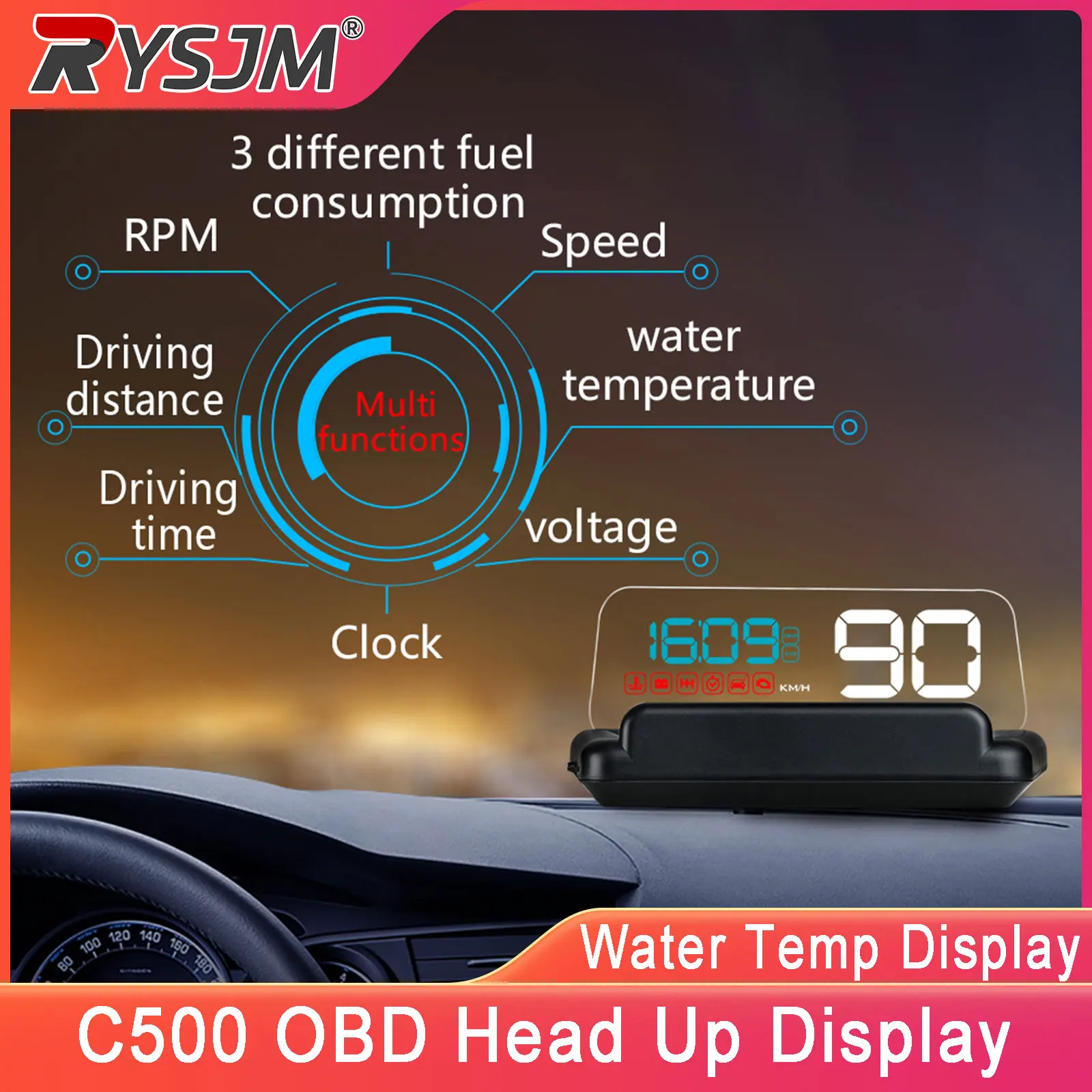 C500 OBD2 Car HUD Windshield Projector Speedometer Car Head Up Display Auto Speed Water Temp Voltage RPM Tachometer Gauge Displa
