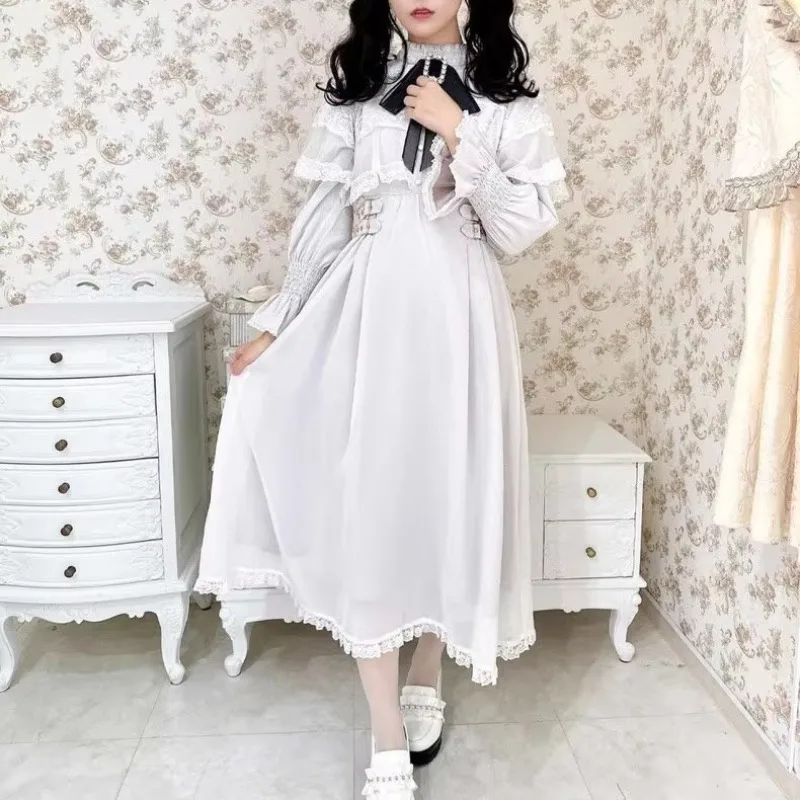 

Japanese Cloak Shawl Preppy Style Dresses Slim Waist Temperament Elegant Mujer Mesh Patchwork Big Swing Exquisite Moda Vestidos