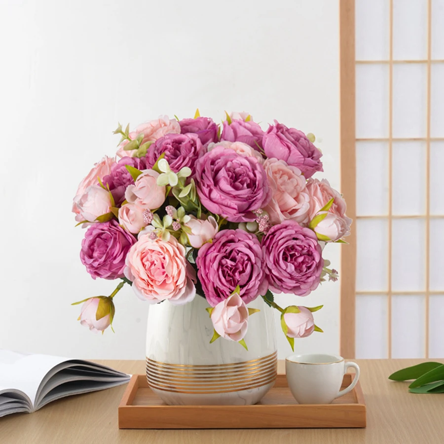 White Silk Peony Vases for Home Room Decoration Scrapbook Christmas Garland Wedding Bouquet Party Accessories Artificial Flowers