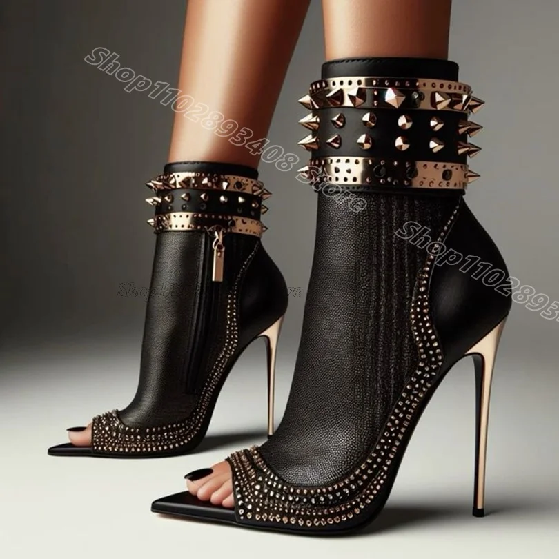 Black Rivet Decor Stiletto Sandal Boots Peep Toe Side Zipper British Style Fashion Summer Women Shoes 2024 Zapatos Para Mujere