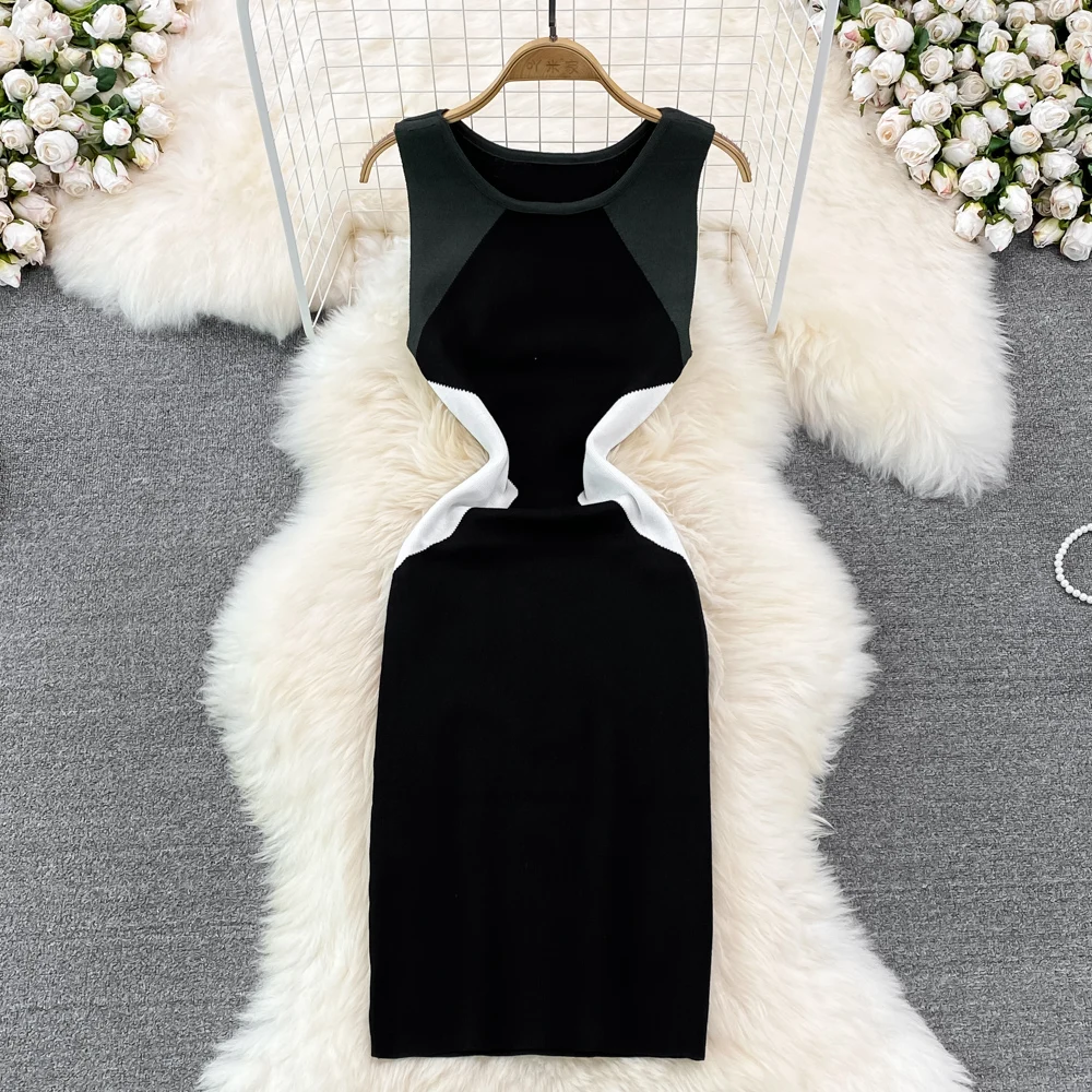 Women Chic Sleeveless Bodycon Midi Dress Sexy Korean Fashion Knit Wrap Vestidos Summer Casual Elastic Slim Pencil Dress Y2k