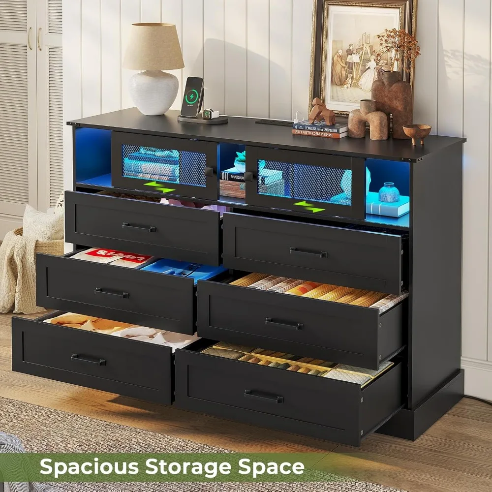 6 Drawers Dresser with LED Lights and Charging Station,Chest of Drawers Closet Organizer, Clothes Storage Cabinet  Dressers