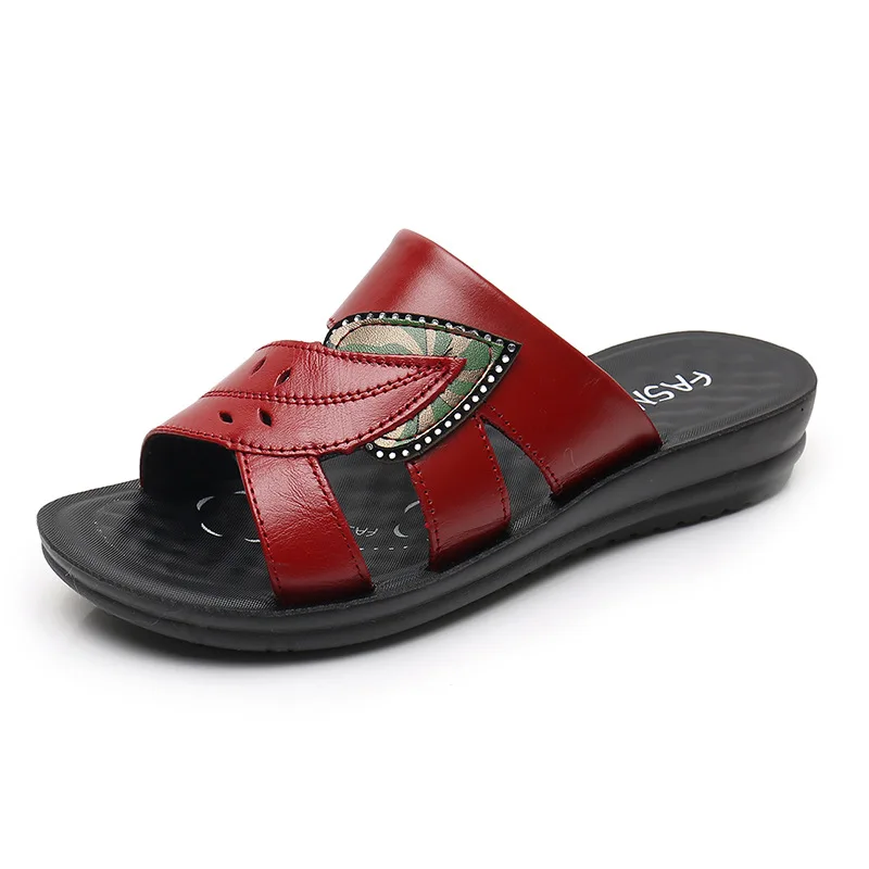 Red Leather Wedge Slide Sandals For Women With Leaf Rhinestone Detail Open Toe Non Slip Thick Sole Comfortable Casual Summer Out view 4