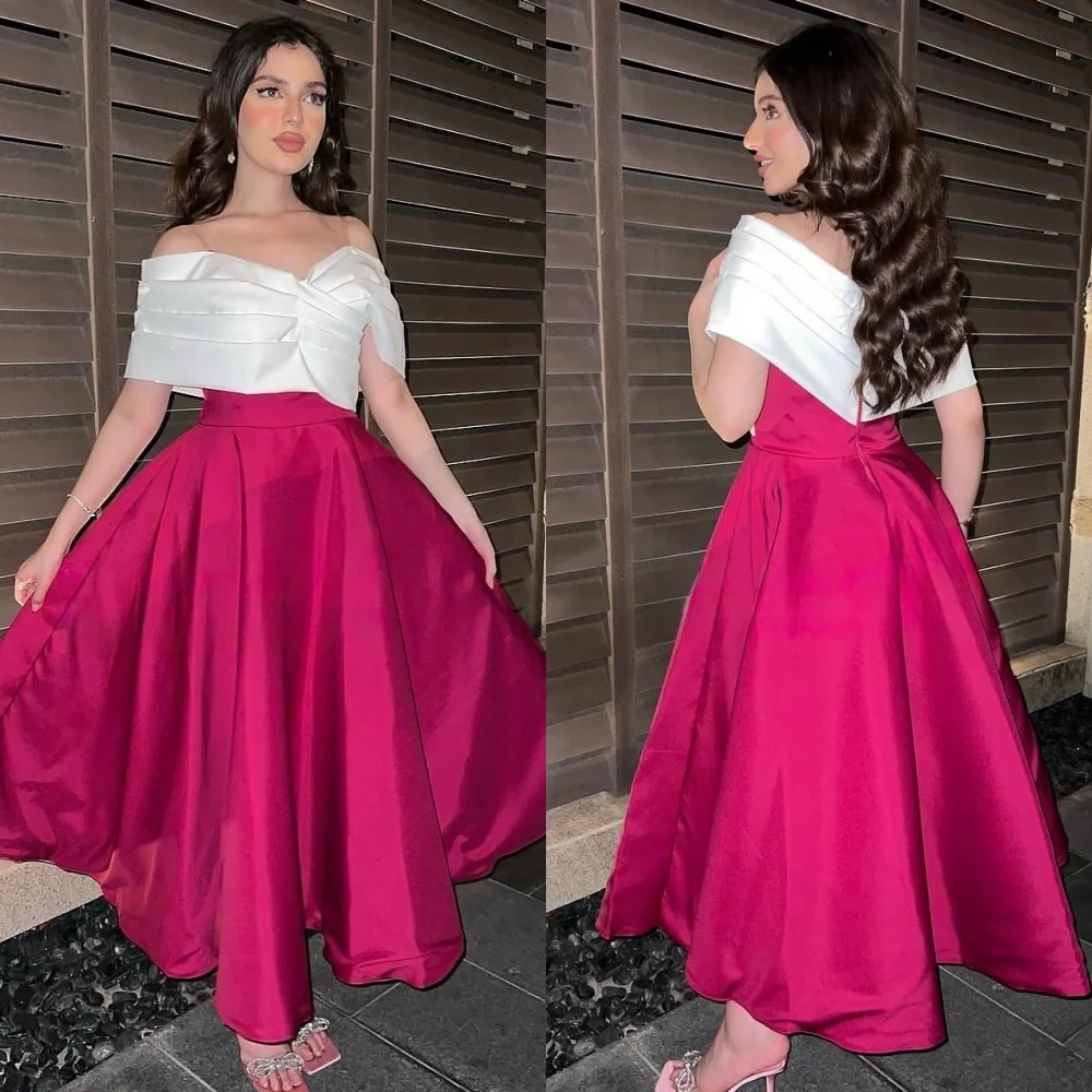 

Customized Fashion Exquisite Charmeuse Draped Pleat A-line Off-the-shoulder Ankle Length Dresses Bespoke Occasion Dresses Formal