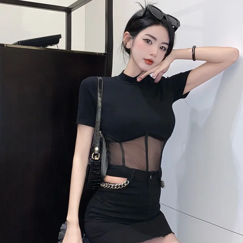 

Черный топ Y2k, женская однотонная тонкая водолазка с длинными рукавами, сетчатая лоскутная футболка, весенняя одежда, уютная уличная одежда